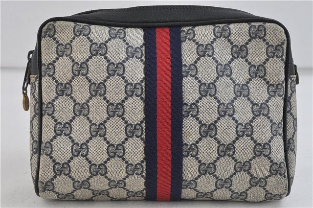 Authentic GUCCI Sherry Line Clutch Bag Purse GG PVC Leather Navy Blue 9845C