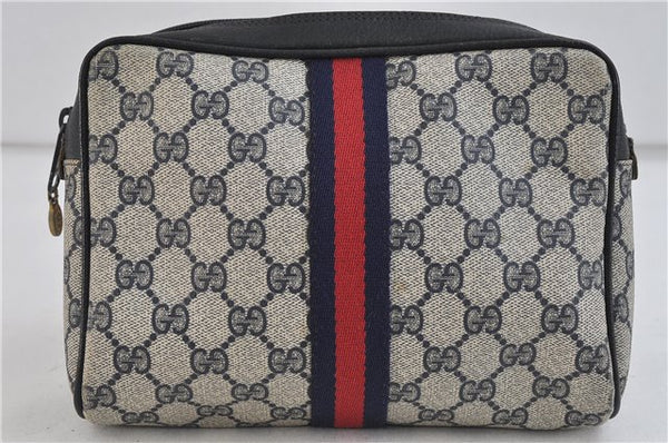 Authentic GUCCI Sherry Line Clutch Bag Purse GG PVC Leather Navy Blue 9845C