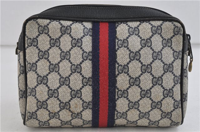 Authentic GUCCI Sherry Line Clutch Bag Purse GG PVC Leather Navy Blue 9845C