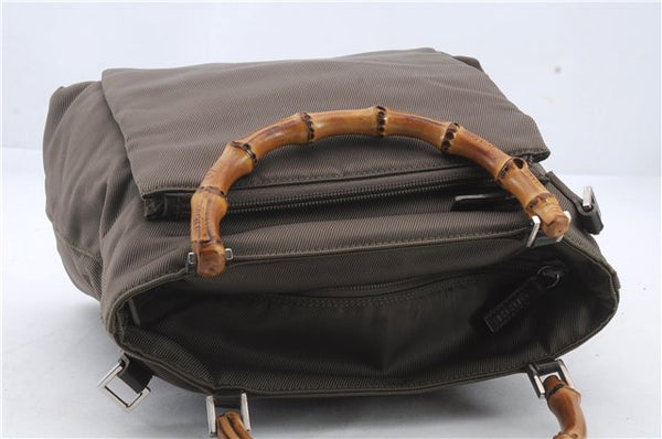 Authentic GUCCI Bamboo 2way Hand Shoulder Bag Purse Nylon Leather Khaki 9850C