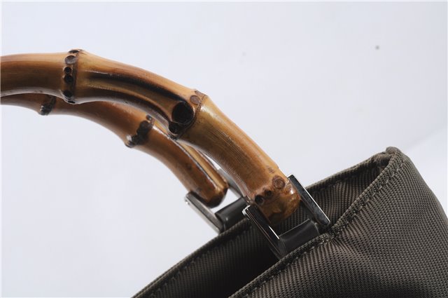 Authentic GUCCI Bamboo 2way Hand Shoulder Bag Purse Nylon Leather Khaki 9850C