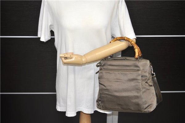 Authentic GUCCI Bamboo 2way Hand Shoulder Bag Purse Nylon Leather Khaki 9850C