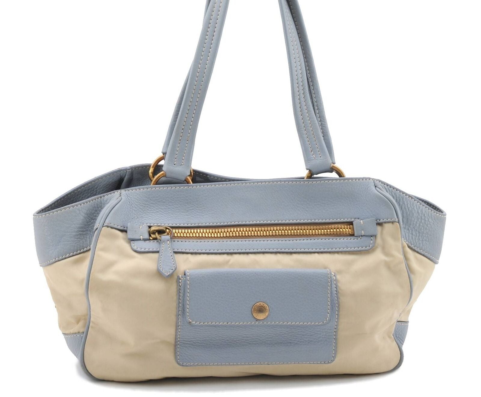 Authentic PRADA Nylon Leather Shoulder Bag Purse Ivory Light Blue 9859B