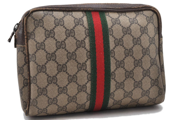 Authentic GUCCI Web Sherry Line Clutch Hand Bag Purse GG PVC Leather Brown 9868C