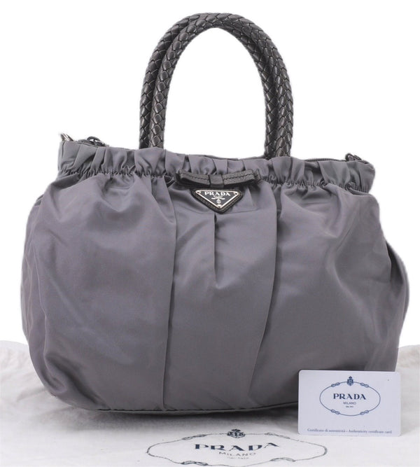 Authentic PRADA Nylon Tessuto Bow Leather 2Way Hand Bag Purse BN1778 Gray 9877E