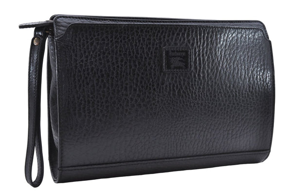 Authentic Burberrys Vintage Leather Clutch Hand Bag Purse Black 9881D