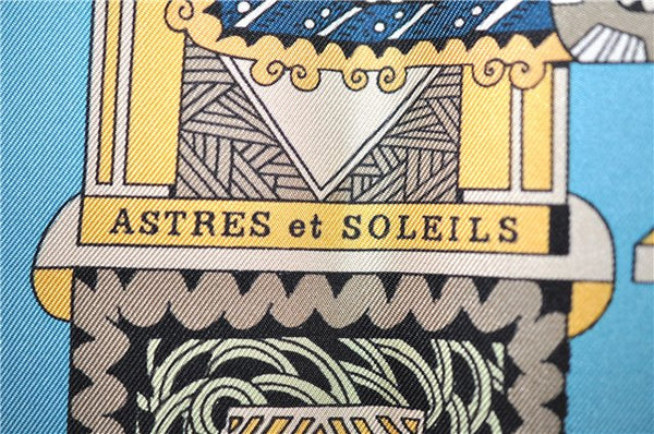 Authentic HERMES Carre 90 Scarf "ASTRES et SOLEILS" Silk Blue Paper Bag 9890F