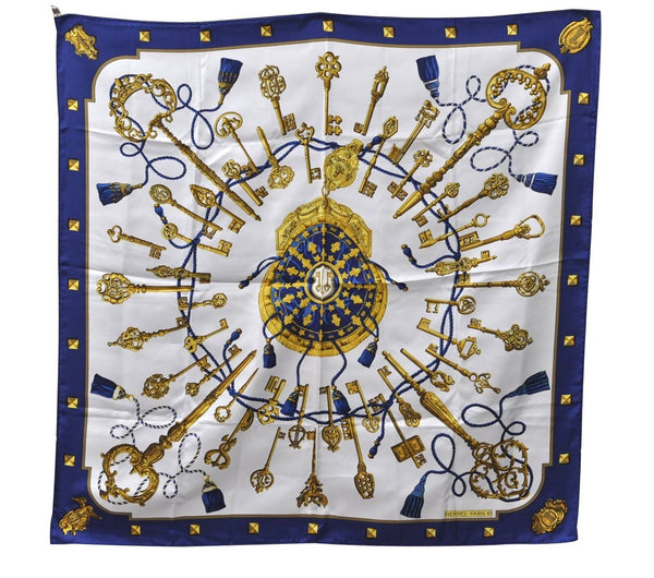 Authentic HERMES Carre 90 Scarf Key Tassel Motif Silk Blue Navy 9912B