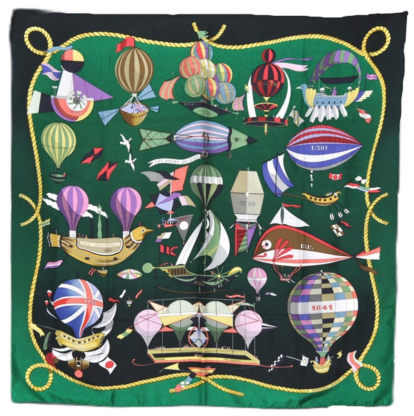 Authentic HERMES Carre 90 Scarf "LES FOLIES DU CIEL" Silk Green 9914E