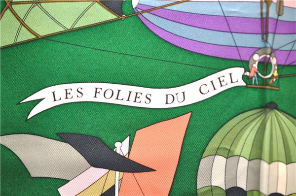 Authentic HERMES Carre 90 Scarf "LES FOLIES DU CIEL" Silk Green 9914E