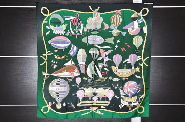 Authentic HERMES Carre 90 Scarf "LES FOLIES DU CIEL" Silk Green 9914E