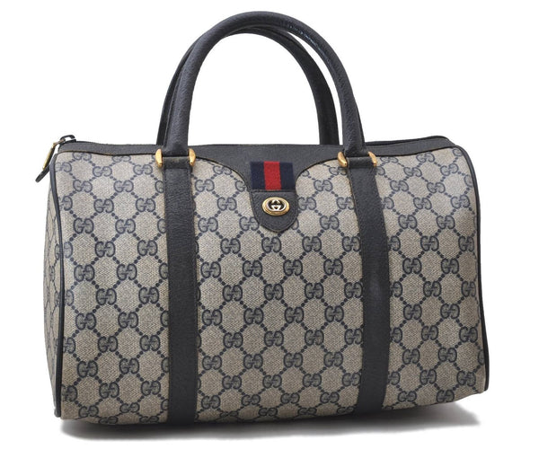 Authentic GUCCI Sherry Line Hand Boston Bag GG PVC Leather Navy Blue 9925C