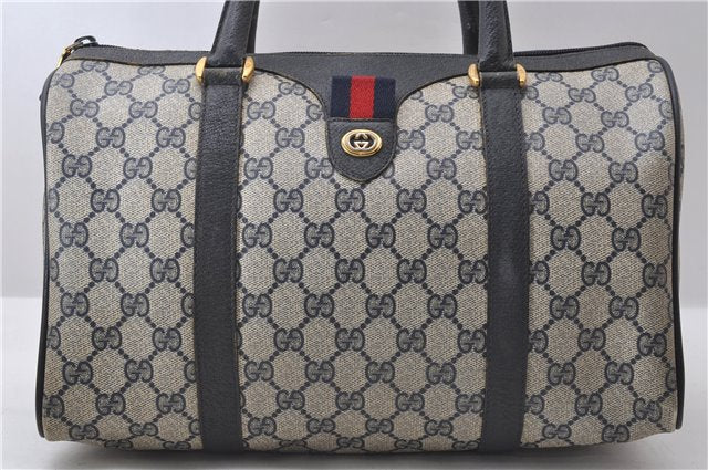 Authentic GUCCI Sherry Line Hand Boston Bag GG PVC Leather Navy Blue 9925C