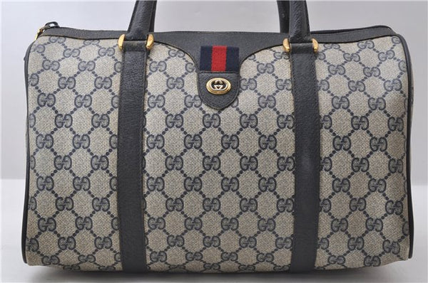 Authentic GUCCI Sherry Line Hand Boston Bag GG PVC Leather Navy Blue 9925C