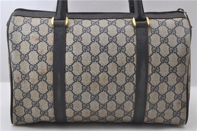 Authentic GUCCI Sherry Line Hand Boston Bag GG PVC Leather Navy Blue 9925C