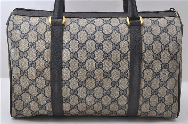 Authentic GUCCI Sherry Line Hand Boston Bag GG PVC Leather Navy Blue 9925C