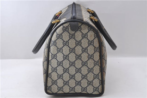 Authentic GUCCI Sherry Line Hand Boston Bag GG PVC Leather Navy Blue 9925C