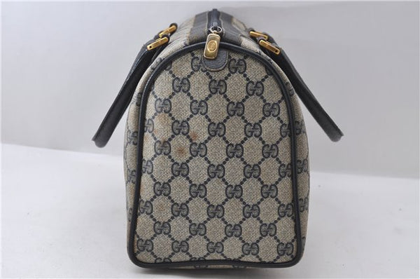 Authentic GUCCI Sherry Line Hand Boston Bag GG PVC Leather Navy Blue 9925C