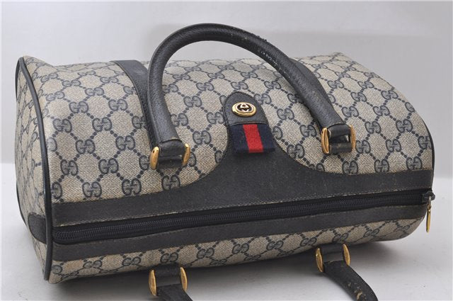 Authentic GUCCI Sherry Line Hand Boston Bag GG PVC Leather Navy Blue 9925C