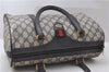 Authentic GUCCI Sherry Line Hand Boston Bag GG PVC Leather Navy Blue 9925C