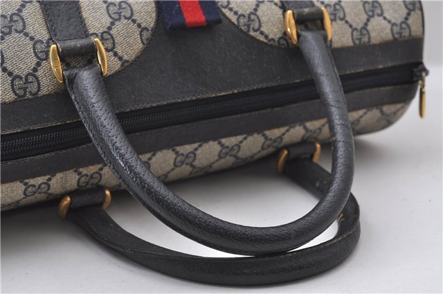 Authentic GUCCI Sherry Line Hand Boston Bag GG PVC Leather Navy Blue 9925C