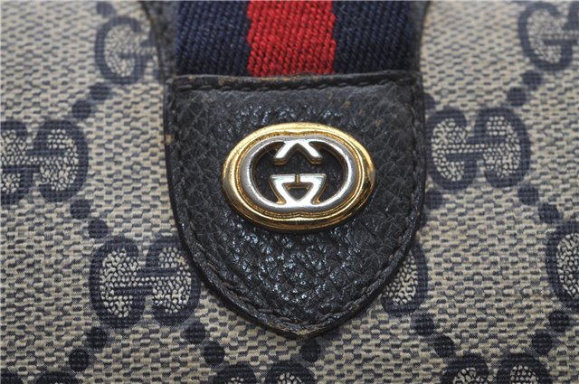 Authentic GUCCI Sherry Line Hand Boston Bag GG PVC Leather Navy Blue 9925C