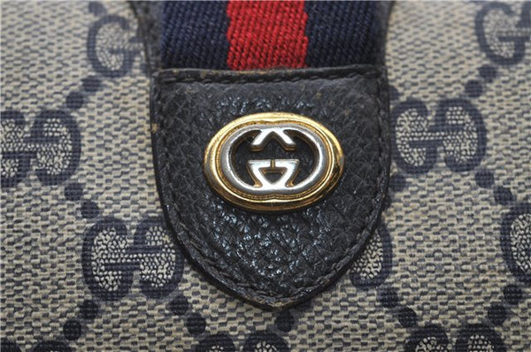 Authentic GUCCI Sherry Line Hand Boston Bag GG PVC Leather Navy Blue 9925C