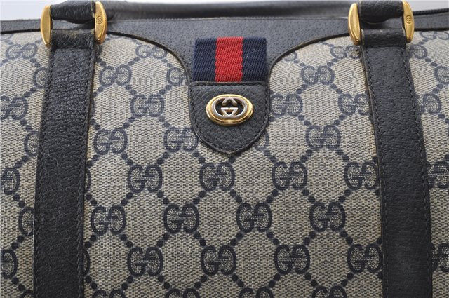 Authentic GUCCI Sherry Line Hand Boston Bag GG PVC Leather Navy Blue 9925C