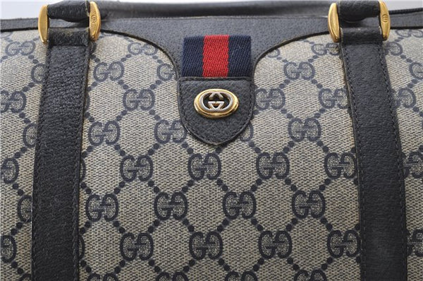 Authentic GUCCI Sherry Line Hand Boston Bag GG PVC Leather Navy Blue 9925C
