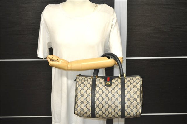 Authentic GUCCI Sherry Line Hand Boston Bag GG PVC Leather Navy Blue 9925C