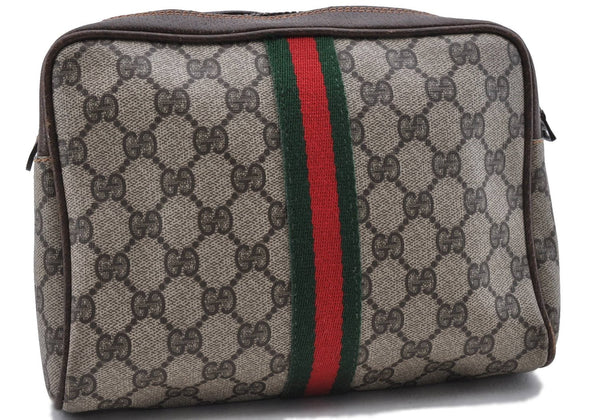 Authentic GUCCI Web Sherry Line Clutch Bag Purse GG PVC Leather Brown 9928C