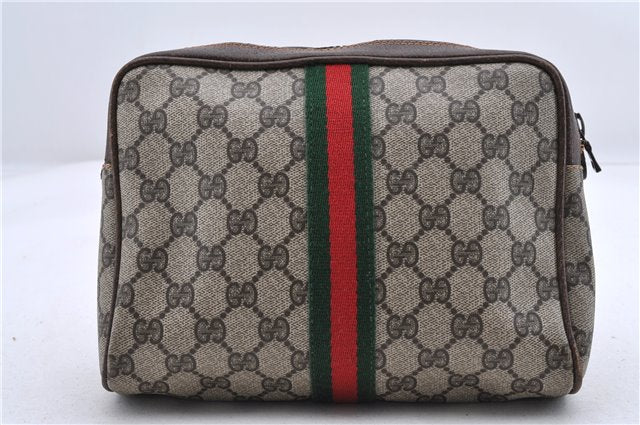 Authentic GUCCI Web Sherry Line Clutch Bag Purse GG PVC Leather Brown 9928C