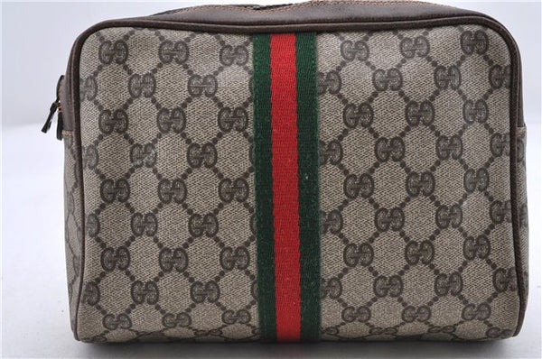 Authentic GUCCI Web Sherry Line Clutch Bag Purse GG PVC Leather Brown 9928C