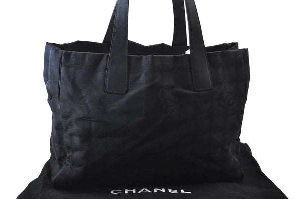 Authentic CHANEL New Travel Line Shoulder Tote Bag Nylon Leather Black 9934C