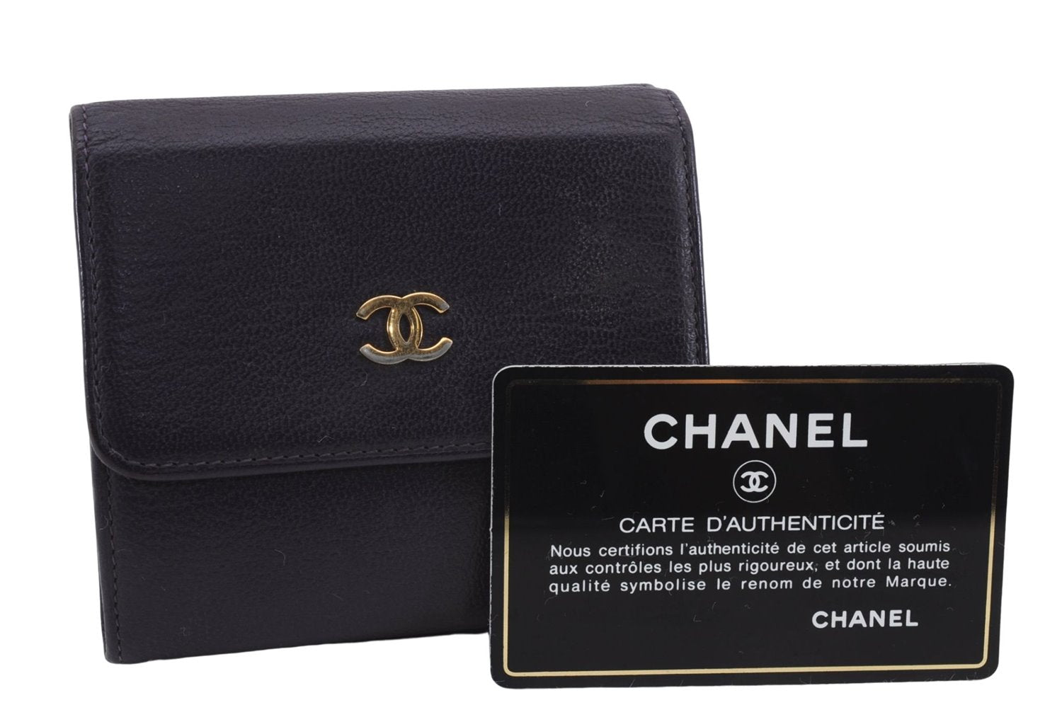 Authentic CHANEL Calf Skin CoCo Mark Trifold Wallet Purse Purple CC 9956D