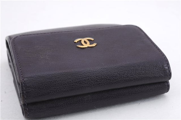 Authentic CHANEL Calf Skin CoCo Mark Trifold Wallet Purse Purple CC 9956D