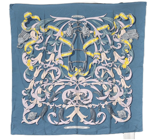 Authentic HERMES Carre 90 Scarf "LE MORS A LA CONETABLE" Silk Blue 9958E