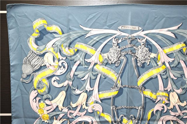 Authentic HERMES Carre 90 Scarf "LE MORS A LA CONETABLE" Silk Blue 9958E