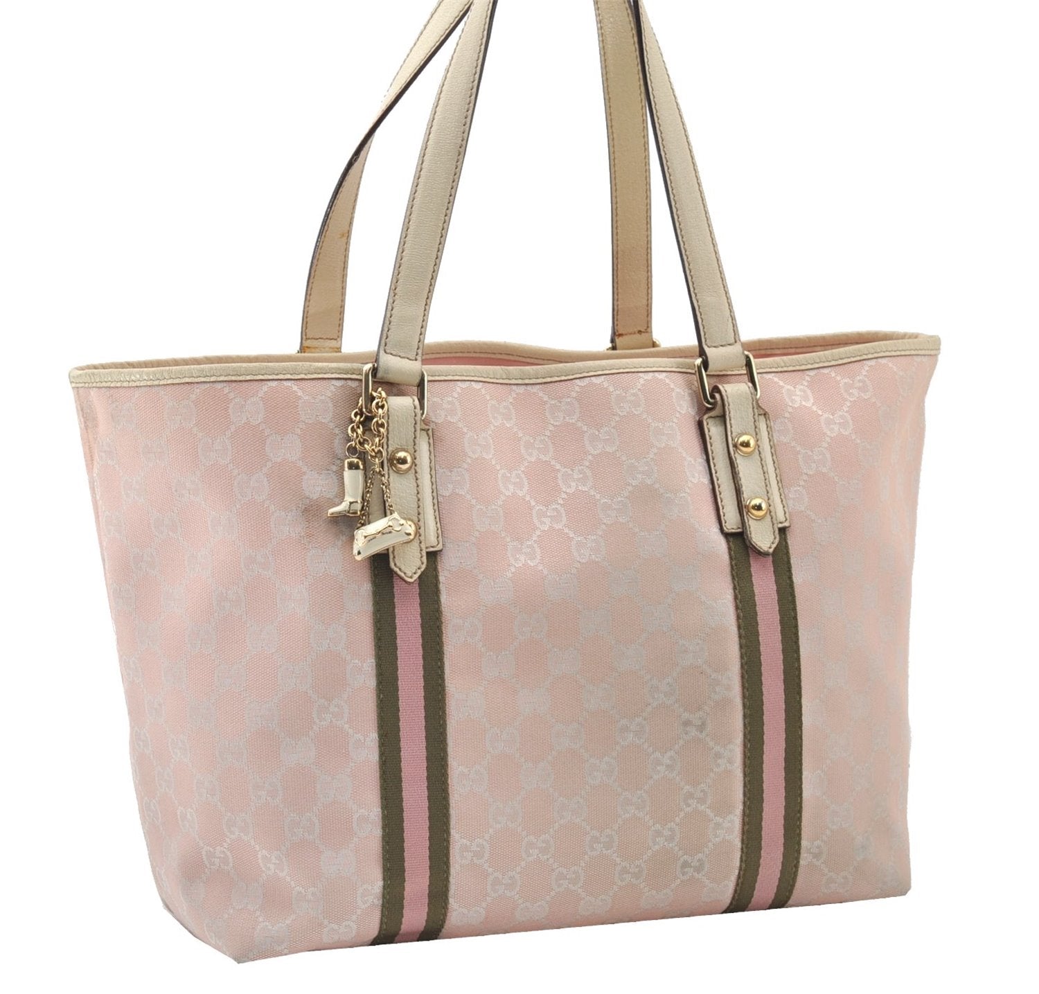 Authentic GUCCI Sherry Line Tote Bag GG Canvas Leather 139260 Pink 9958F