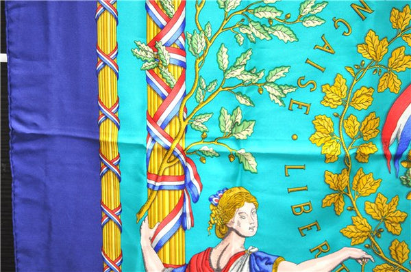 Auth HERMES Carre 90 Scarf "1789 LIBERTE EGALITE FRATERNITE" Silk Navy 9965D