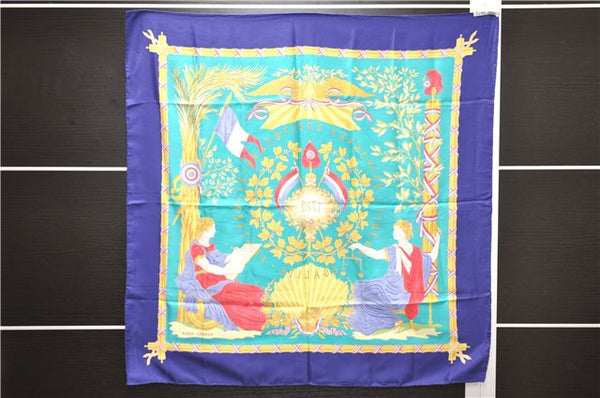 Auth HERMES Carre 90 Scarf "1789 LIBERTE EGALITE FRATERNITE" Silk Navy 9965D