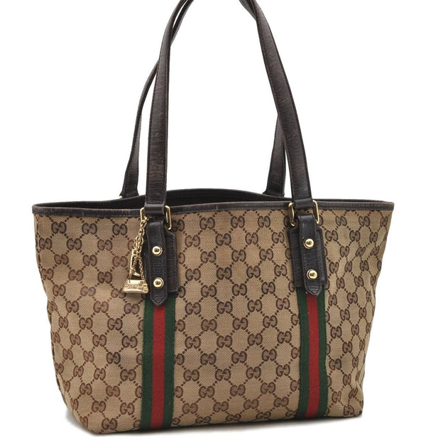 Auth GUCCI Web Sherry Line Shoulder Tote Bag Canvas Leather 137396 Brown 9966C