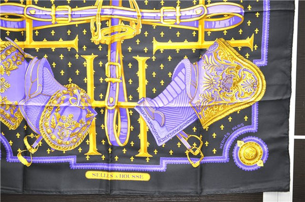 Authentic HERMES Carre 90 Scarf "SELLES A HOUSSE" Silk Black 9966D