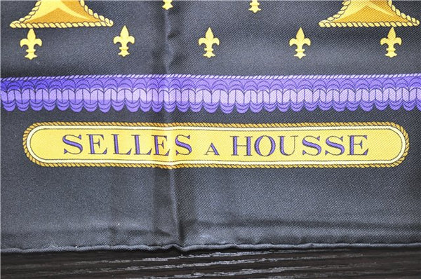 Authentic HERMES Carre 90 Scarf "SELLES A HOUSSE" Silk Black 9966D