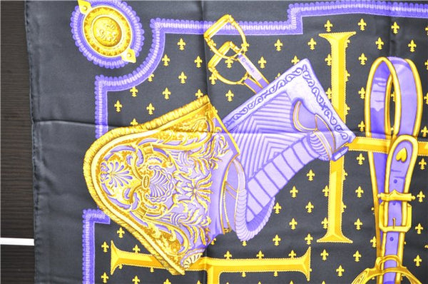 Authentic HERMES Carre 90 Scarf "SELLES A HOUSSE" Silk Black 9966D