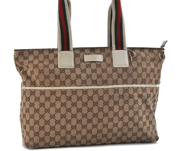 Authentic GUCCI Sherry Line Shouolder Tote Bag Canvas Leather 155524 Brown 9967C