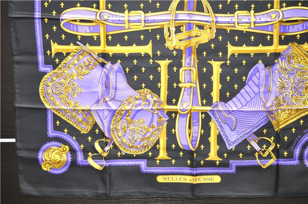 Authentic HERMES Carre 90 Scarf "SELLES A HOUSSE" Silk Black 9967D