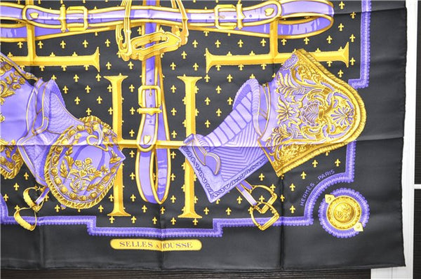 Authentic HERMES Carre 90 Scarf "SELLES A HOUSSE" Silk Black 9967D