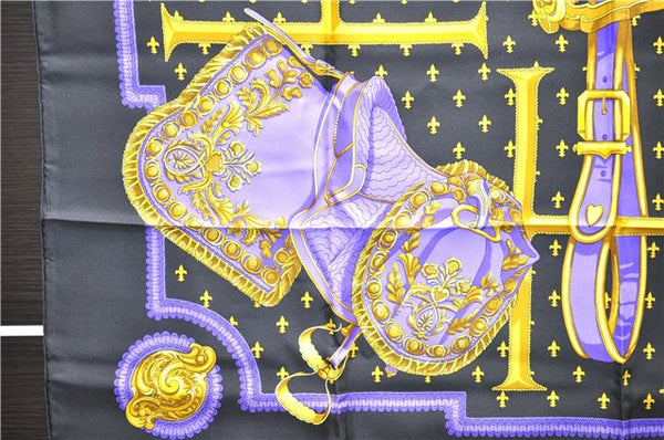 Authentic HERMES Carre 90 Scarf "SELLES A HOUSSE" Silk Black 9967D