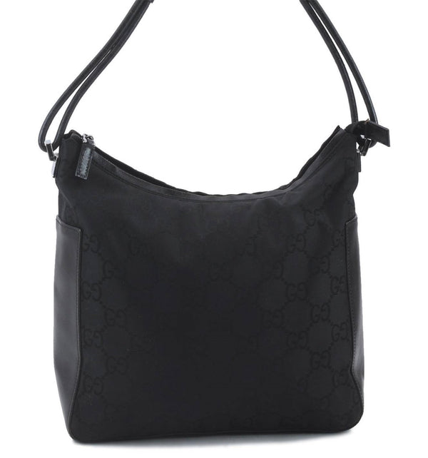 Authentic GUCCI Hand Shoulder Bag Purse GG Nylon Leather 0013766 Black 9968C